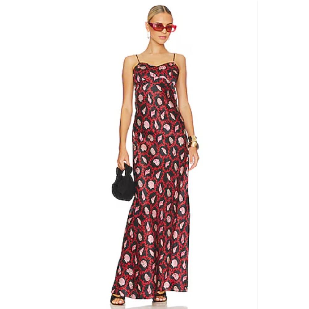 SALONI Mimi Black Red Seashell Print Silk Maxi Slip Dress Size 10